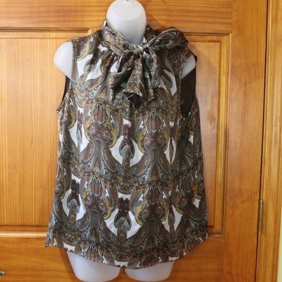 Magaschoni Heritage Paisley Silk Pussycat Bow Top Size 14 Brown Print Elegant - Picture 2 of 16